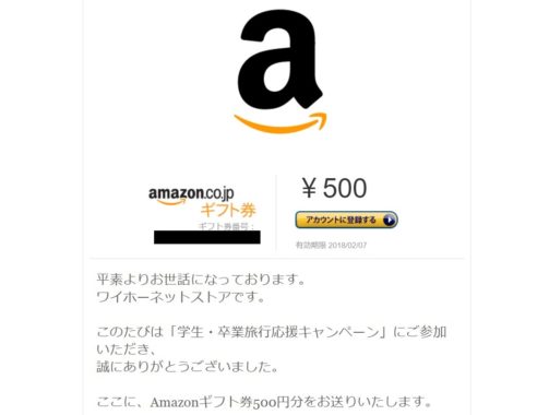 ワイホーネットストア「Amazonギフト券 500円分」が当選