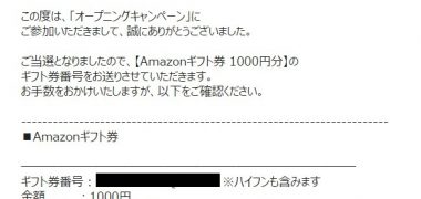 ドコモのキャンペーンで「Amazonギフト券 1000円分」が当選