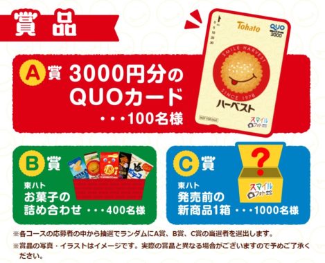 A賞「QUOカード 3,000円分」 / B賞「東ハト お菓子詰め合わせ」 / C賞「東ハト 発売前の新商品1箱」