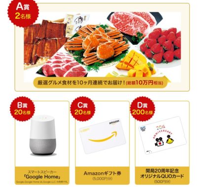 厳選グルメ食材を10ヶ月連続お届け［総額 10万円相当］ / スマートスピーカー Google Home / Amazonギフト券 5000円分 / QUOカード 500円分
