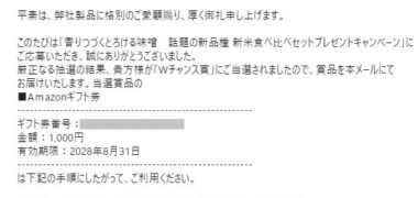 マルサンアイのキャンペーンで「アマゾンギフト券 1,000円分」が当選