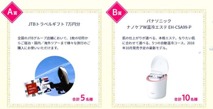 JTBトラベルギフト 7万円分 / PanasonicナノケアW温冷エステ / LINE 1,000ポイント / リッチセラミド10本