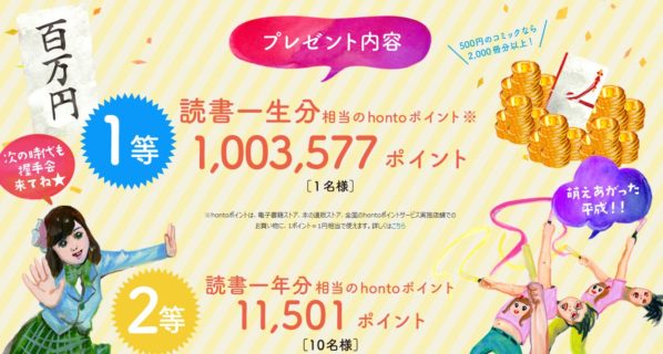 大日本印刷のhonto「平成最後の読書一生分 100万ポイントが抽選で当たる！！キャンペーン