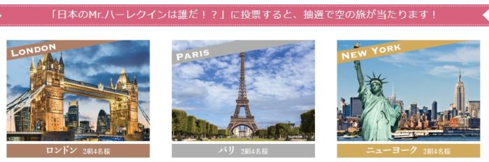 ロンドン、パリ、ニューヨークのいずれかの往復航空券