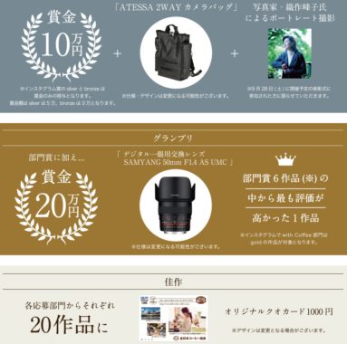 賞金 30万円＋デジタル一眼交換レンズ＋織作峰子氏によるポートレート撮影 など