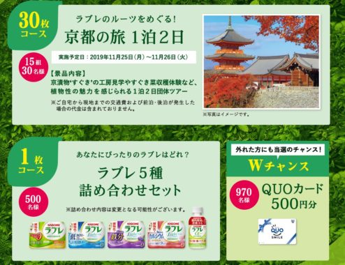 京都の旅 1泊2日 /  ラブレ5種詰め合わせセット / QUOカード 500円分