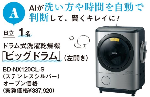 日立 ドラム式洗濯乾燥機「ビッグドラム」 / シャープ プラズマクラスター冷蔵庫 / パナソニック ロボット掃除機 / ロボット掃除機「ルンバ i7＋」ほか