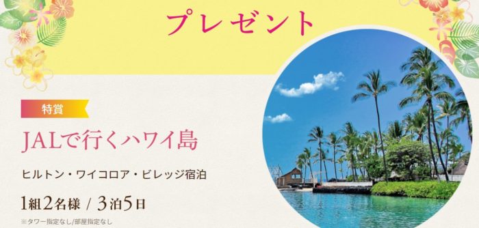 JALでいくハワイ島 ヒルトン・ワイコロア・ビレッジ宿泊 3泊5日 / JALPAK海外旅行券 2万円 / JALのマイル5,000マイル / JALセレクションうどんですかいセット