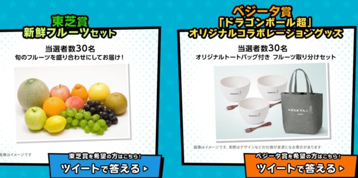 東芝賞「新鮮フルーツセット」 / ベジータ賞「ドラゴンボール超 オリジナルコラボレーショングッズ」