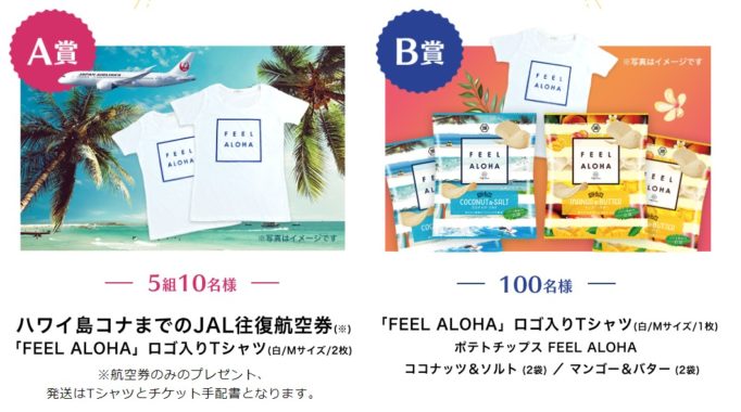A賞「ハワイ島コナまでのJAL往復航空券＆Tシャツ」 / B賞「Tシャツ＆ポテトチップス FEEL ALOHA詰め合わせ」