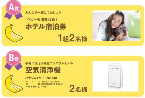 A賞「ペットも泊まれる ホテル宿泊券」 / B賞「Panasonic 空気清浄機」 / C賞「Upet アニマピーポッド」 / D賞「ファン・バナーナ［16本］」