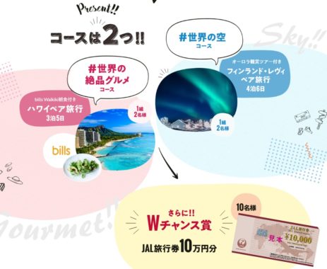 bills Waikiki朝食付きハワイペア旅行3泊5日 / オーロラ観賞ツアー付き フィンランド・レヴィ ペア旅行4泊6日 / JAL旅行券 10万円分