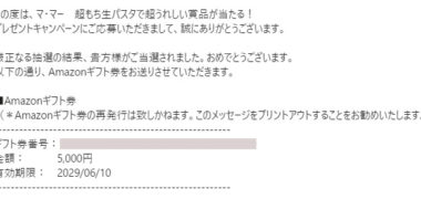 日清のキャンペーンで「Amazonギフト券 5,000円分」が当選