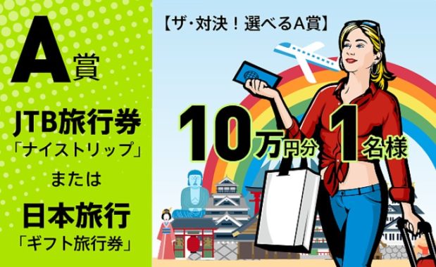 A賞「JTB旅行券 or 日本旅行ギフト旅行券 10万円分」 / B賞「Tポイント or 楽天ポイント 10万円分」 / C賞「よしもと劇場観劇ペアチケット」