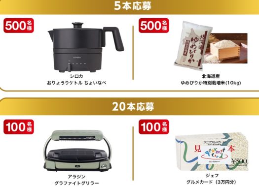 シロカ おりょうりケトル ちょいなべ / 北海道産 ゆめぴりか特別栽培米 / アラジン グラファイトグリラー / ジェフグルメカード 3万円分