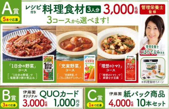 レシピ付き料理食材 / 伊藤園オリジナルQUOカード 1,000円分 / 伊藤園 紙パック商品セット
