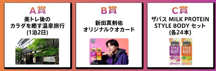 温泉旅行 1泊2日 / 新田真剣佑 QUOカード 1,000円分 / ザバス ミルク プロテイン STYLE BODYセット