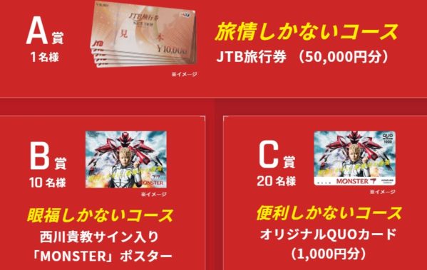 A賞「JTB旅行券 50,000円分」 / B賞「西川貴教サイン入り MONSTER ポスター」 / C賞「オリジナルQUOカード 1,000円分」