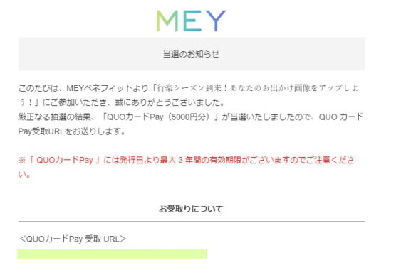 MEYのキャンペーンで「QUOカードPay5,000円分」が当選