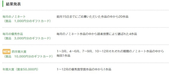 賞金50,000円 / 3,000円分のギフトカード 他