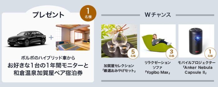好きなボルボ1台の1年間モニター＆和倉温泉加賀屋ペア宿泊券 他