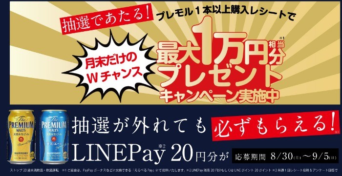 月末だけのWチャンス　プレモル1本以上購入レシートで最大1万円相当分＊1プレゼントキャンペーン | サントリー