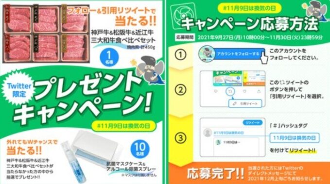 3大和牛セットやマスクセットが当たる「11月9日 換気の日」Twitterキャンペーン♪