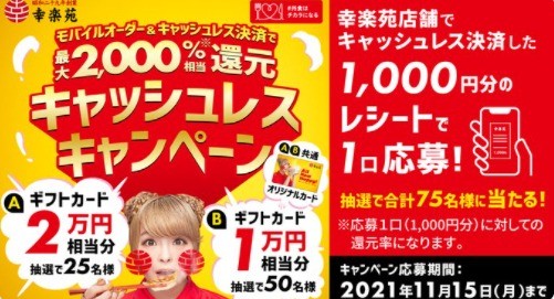 モバイルオーダー&キャッシュレス決済で最大2,000%相当還元 幸楽苑「キャッシュレスキャンペーン