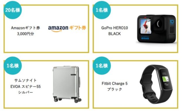 旅行券1万円分 / GoPro HERO10 / Fitbit Charge 5 ほか