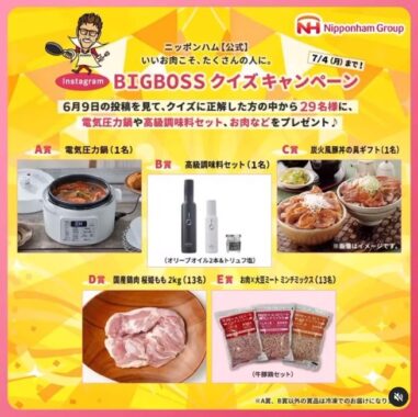 電気圧力鍋やお肉詰め合わせが当たる日ハムBIGBOSSクイズキャンペーン♪