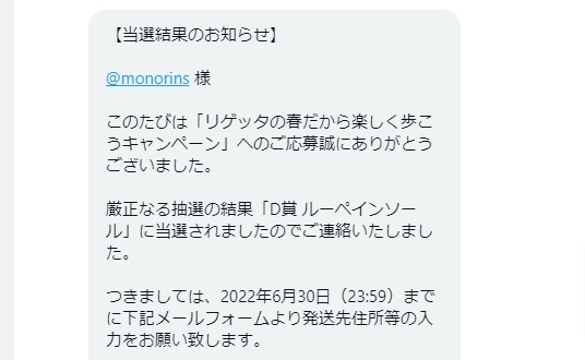 リゲッタのTwitter懸賞で「ルーペインソール」が当選