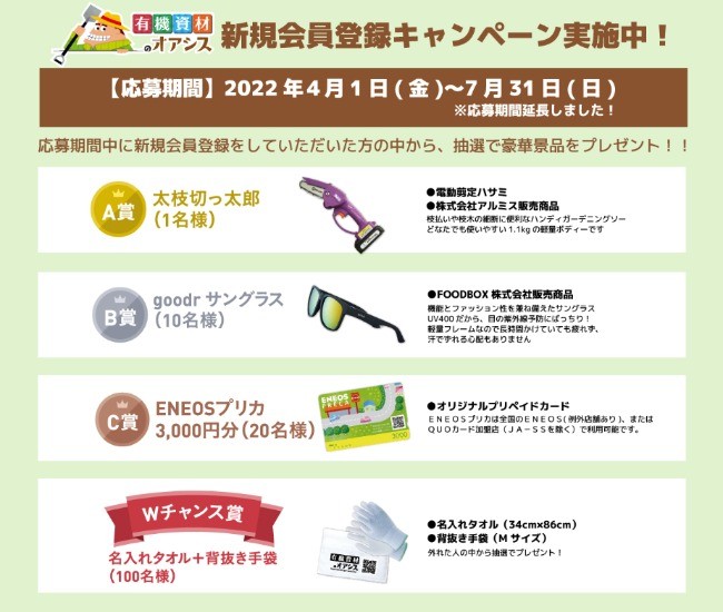 電動剪定バサミやサングラスなどが当たる会員登録キャンペーン！