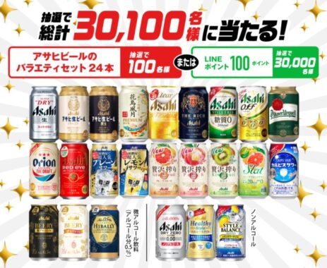 「アサヒビール商品24本バラエティセット」or「LINEポイント 100ポイント」が当たるキャンペーン