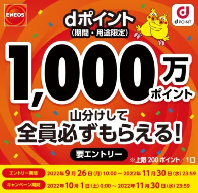 【dポイントクラブ】ENEOS dポイント1,000万ポイント山分けして全員必ずもらえる！ – キャンペーン