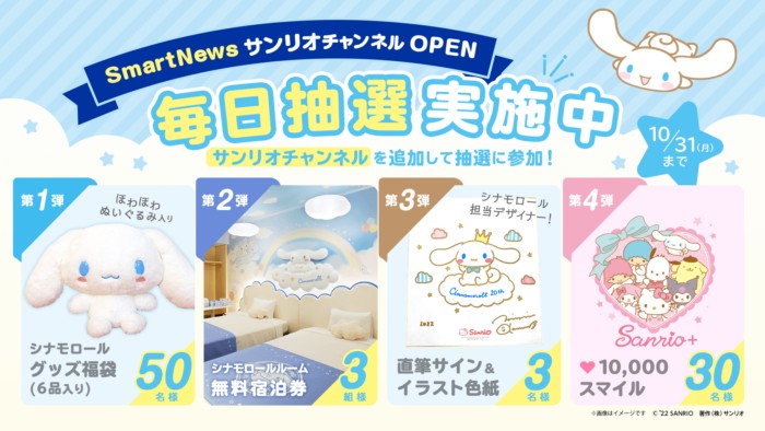 シナモロールルーム無料宿泊券やグッズ福袋なども当たるアプリ懸賞