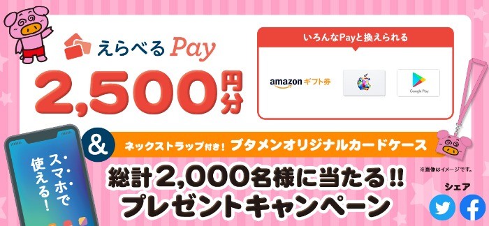 えらべるPay2,500円分＆ブタメンオリジナルカードケースが当たる!!プレゼントキャンペーン | おやつカンパニー(-^〇^-)／