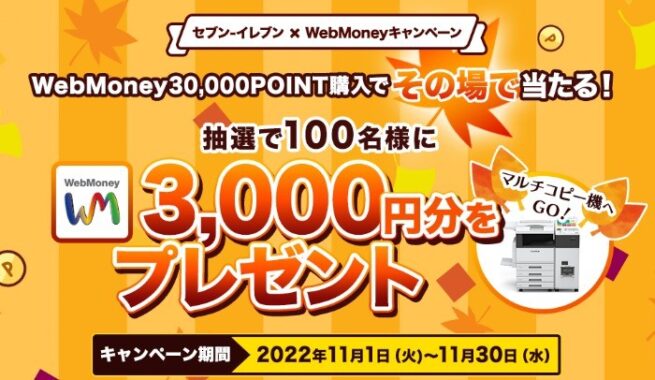 セブン‐イレブン × WebMoneyキャンペーン WebMoney30,000POINT購入でその場で当たる！抽選で100名様にWebMoney3,000円分をプレゼント:電子マネーWebMoney（ウェブマネー）