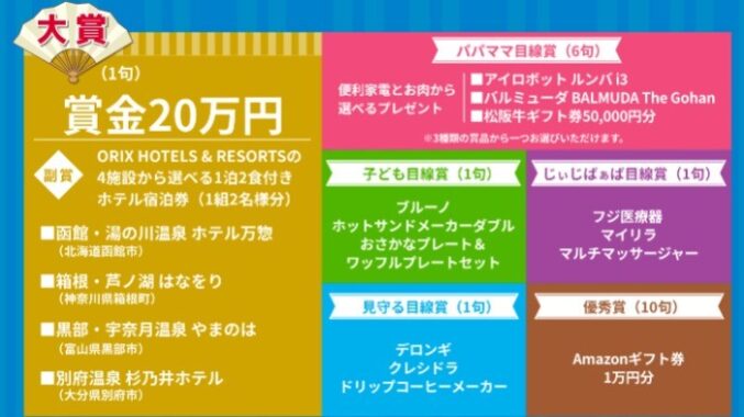 賞金20万円＋ホテル宿泊券も当たる豪華川柳投稿キャンペーン！