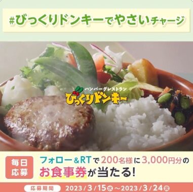 びっくりドンキーの食事券が当たるTwitter毎日応募キャンペーン！