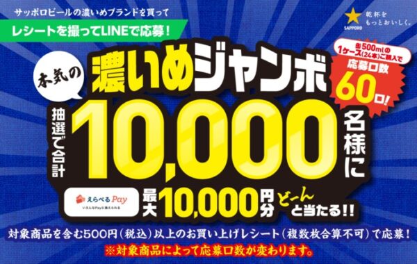 最大10,000円分のえらべるPayが当たる大量当選レシート懸賞！