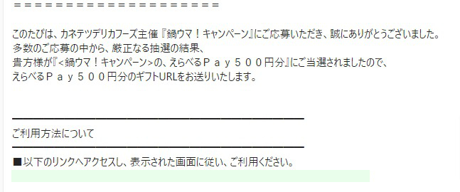 カネテツのクローズド懸賞で「えらべるPay500円分」が当選しました！