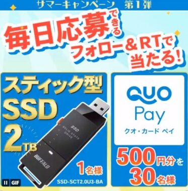 スティック型外付けSSDやQUOカードPayが当たるキャンペーン！