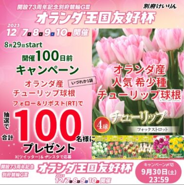 オランダ産「チューリップの球根」が100名様に当たる別府けいりんのキャンペーン！