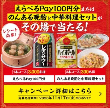 のんある晩酌＆中華料理セットやえらべるPayが当たるレシート懸賞！