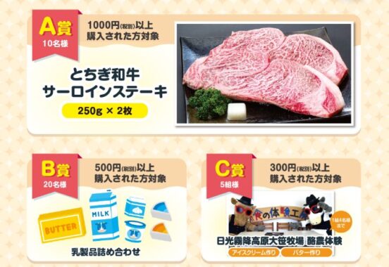 とちぎ和牛や乳製品詰め合わせなども当たる豪華レシートキャンペーン