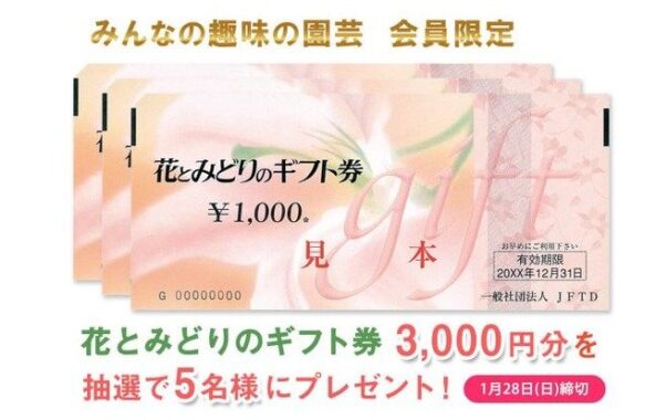 花とみどりのギフト券3,000円分当たる、みんなの趣味の園芸お年玉懸賞♪