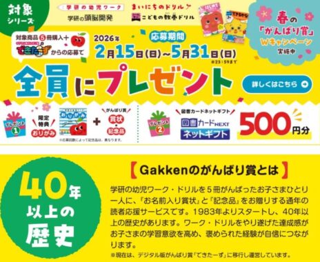 全プレ☆お子さんの名前入り賞状＆記念品がもらえる学研ワークキャンペーン