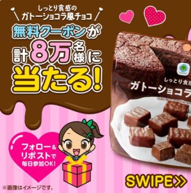 「しっとり食感のガトーショコラ風チョコ」無料クーポンが当たる大量当選懸賞！