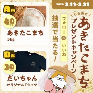 あきたこまち、秋田犬たれみみだいちゃんTシャツが当たるInstagram懸賞