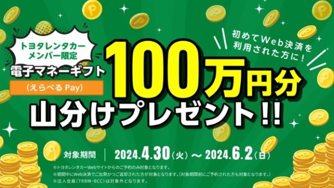 100万円分の電子マネーギフト山分け権利が当たるトヨタレンタカーのキャンペーン